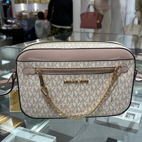 Michael Kors Jet Set Item Large East West Zip Chain Crossbody Optic White/Rsgld - Picture 14 of 16